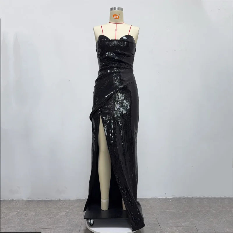 Sequined Strapless Evening Gown in Rose Color with a Thigh Slit, Women's Sexy Sequin Open Back Lace Up Dress Long Style