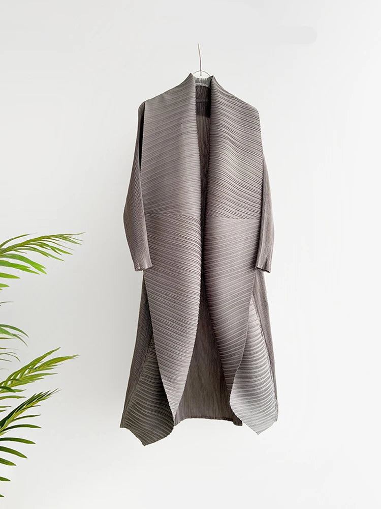 Miyake Pleated Women's Long Jacket 2025 Winter Turn-down Collar Pen Stitch Long Sleeve Windbreaker Loose Oversize Cardigan Coats