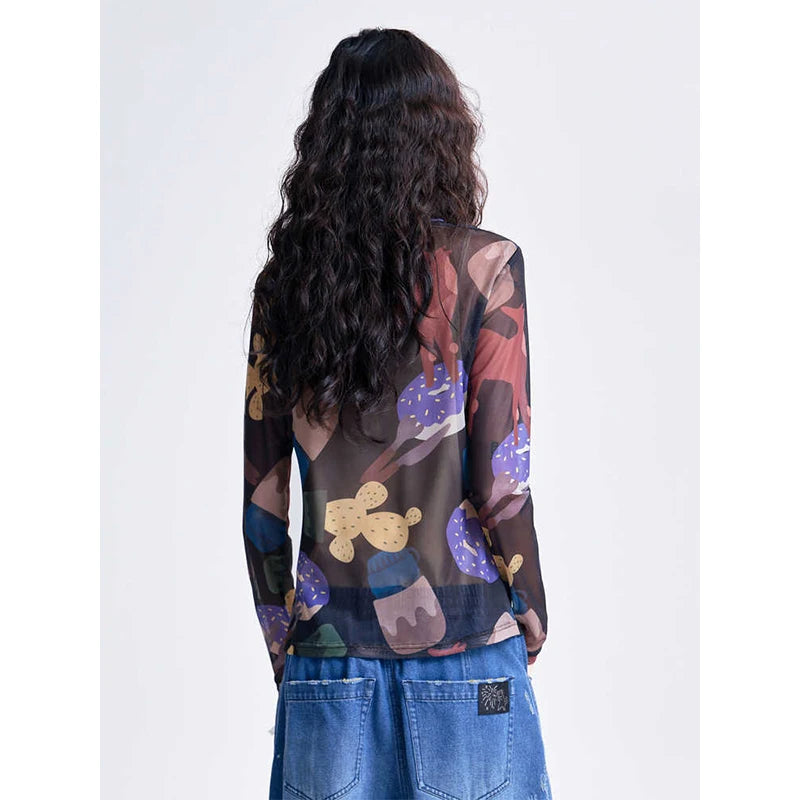 MOVEUP Long-Sleeve T-Shirt 2026 Spring New Stand Collar Printed Lightweight Mesh Base Slim Fit Short Women's Top 3ELC10553