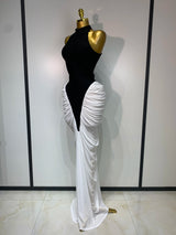 Patchwork Sleeveless Maxi Long Dress Women Fashion Contrast Color Ruched Bodycon Fancy Club Evening Party Birthday Long Dresses