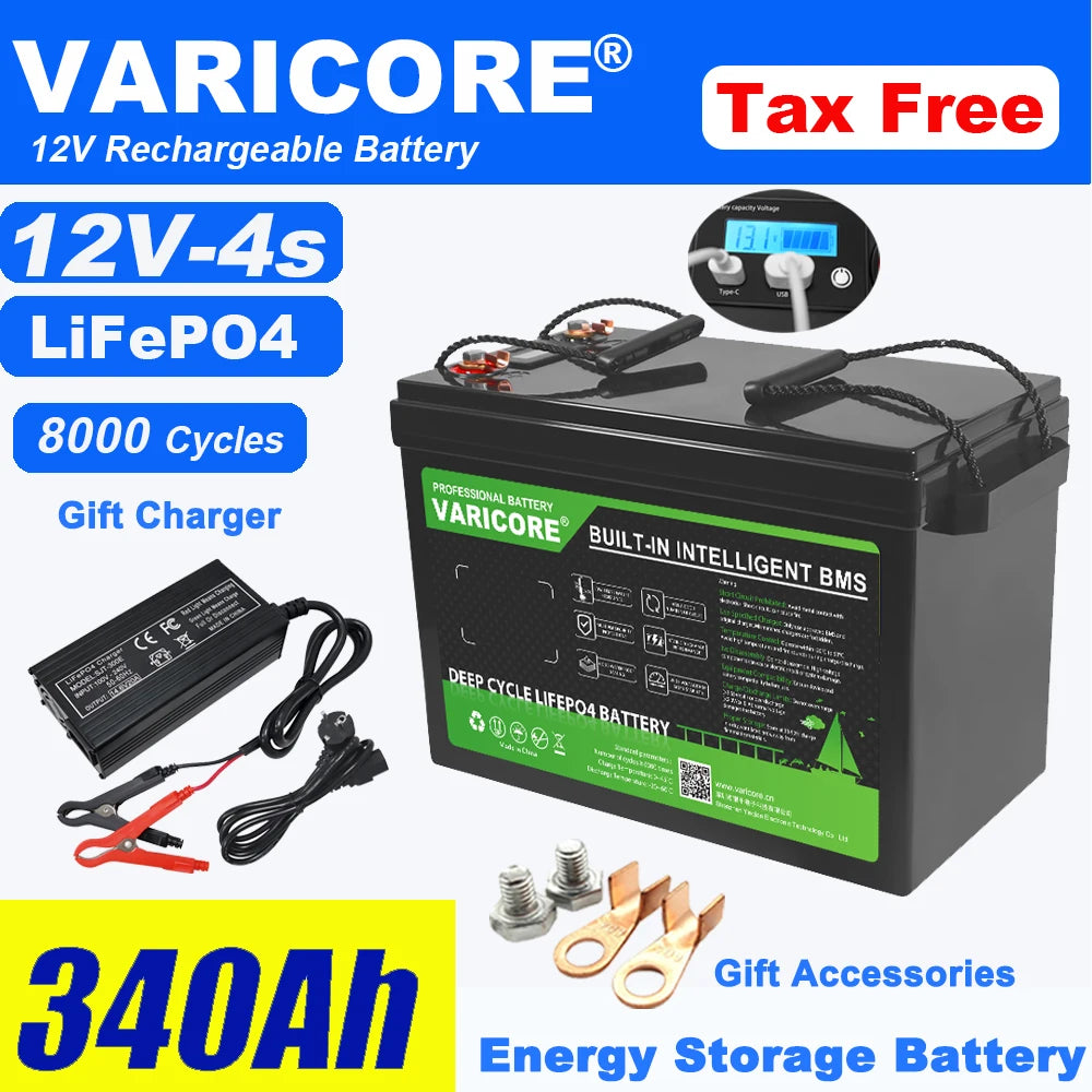 VariCore 12V/24V/36V/48V 360Ah 340Ah 180Ah 100Ah 120Ah LiFePO4 Battery for 4s 8s 10s 16s Solar Touring Car Golf Cart Duty-free