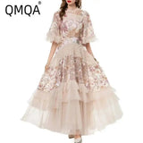 QMQA Fashion Women's Elegant Dress Embroidery Sequin Flare Sleeve Ruffle Puff Cake Dresses 2027 Summer New Female Clothing QM648