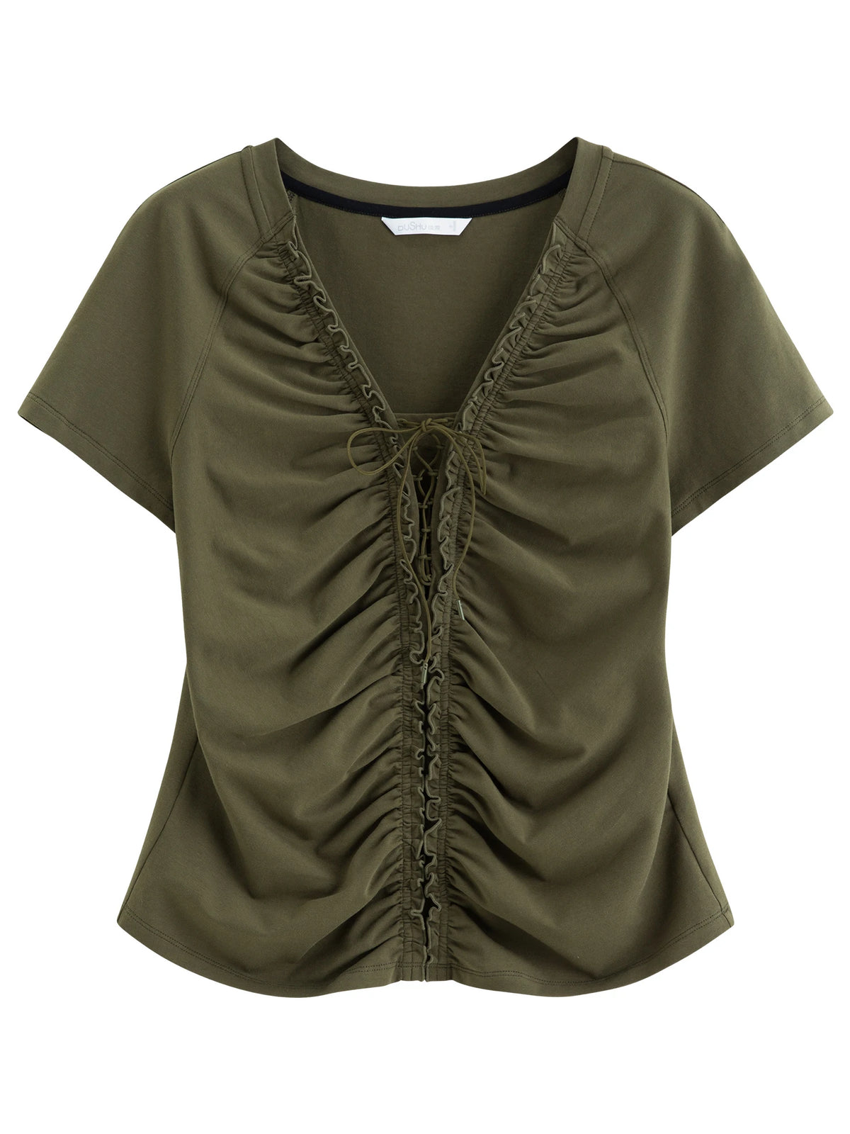 DUSHU Layered Wooden Collar T-Shirt with Pleated Straps and Waist-Defining Detail 2026 Summer New Arrival Style for Slimming Fit