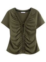 DUSHU Layered Wooden Collar T-Shirt with Pleated Straps and Waist-Defining Detail 2026 Summer New Arrival Style for Slimming Fit