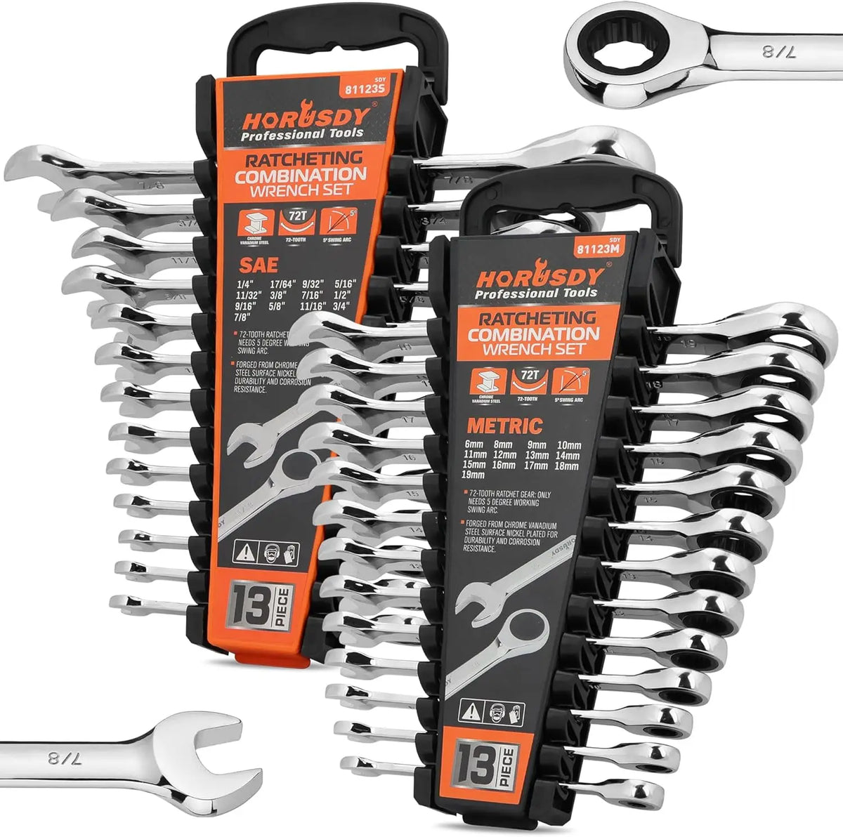 26-Piece Ratcheting Wrench Set with Organizer | Metric & SAE Sizes | 72-Tooth Chrome Vanadium Steel