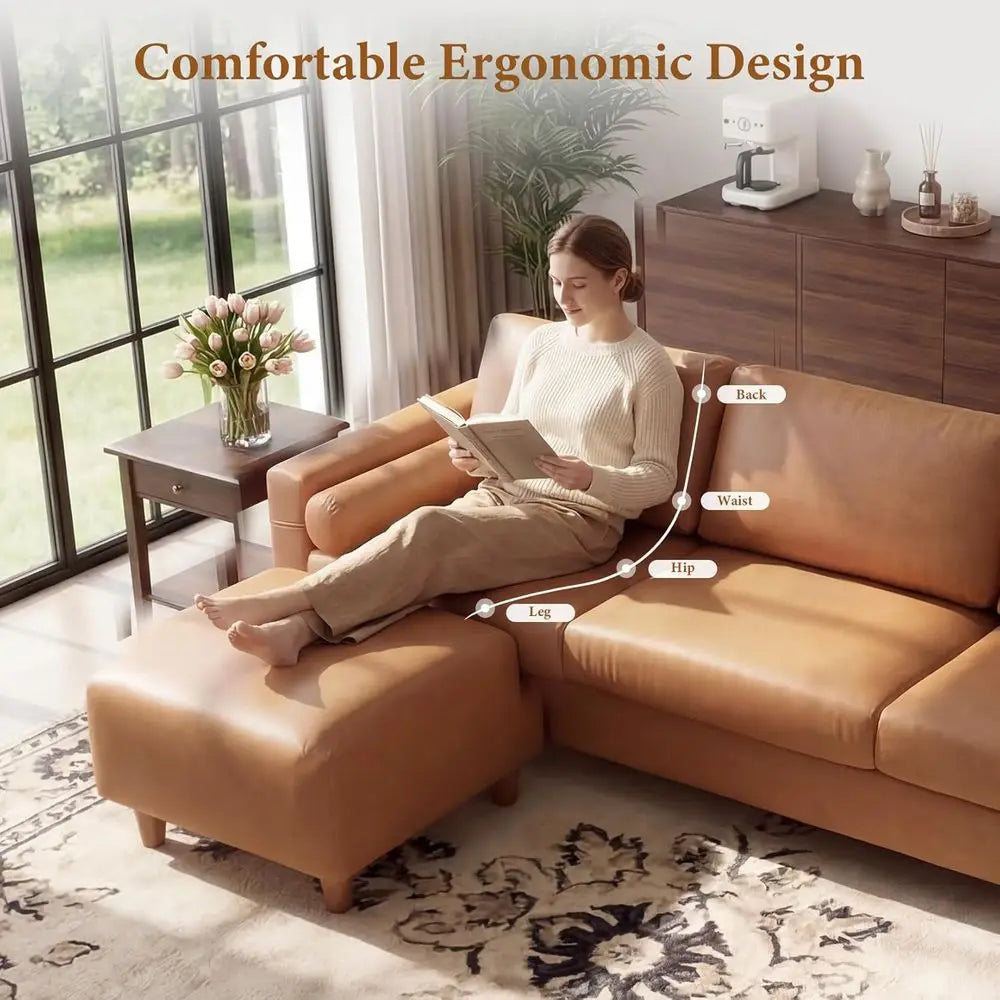 3 Seater L-Shaped PU Leather Sofa with Movable Ottoman for Living Room in Camel Color
