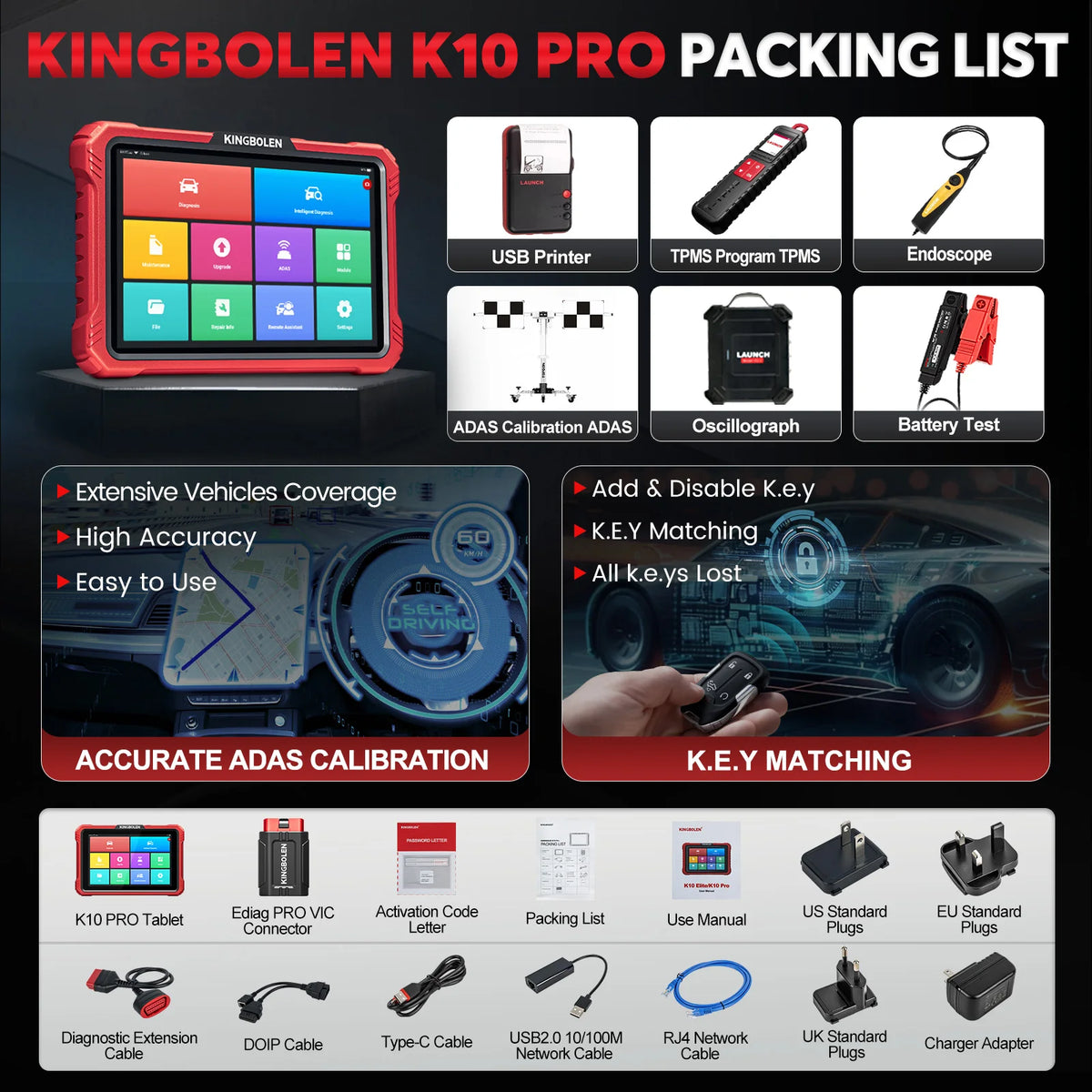 KINGBOLEN K10 PRO ELITE OBD2 Scanner ECU Coding 40+ Service CANFD FCA All System Diagnostic Tool Active Test 2 Year Free Update
