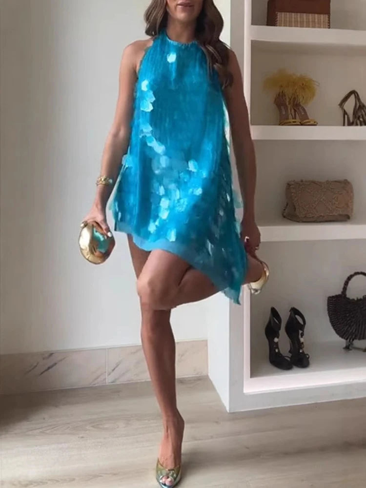 Sexy Women Sequin Lace Trim Mini Dress Chic V-neck Sleeveless High Waist Mini Sling Dresses 2026 Daily Summer Lady Vacation Robe