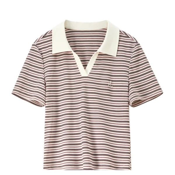 SENTUBILA Knit Short Sleeve T-shirt for Women Summer Fashion Polo Striped Contrast Letter Embroidery Straight Top 162TC6319