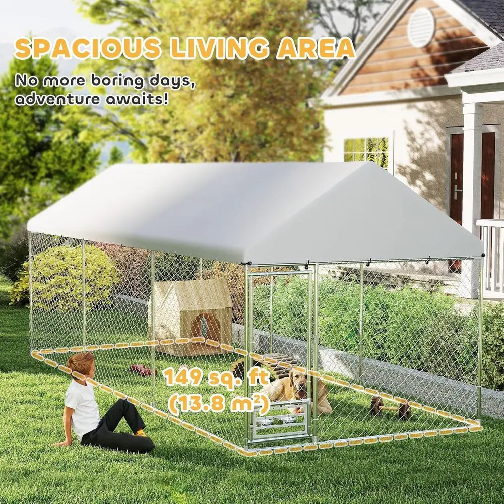 Large Outdoor Dog Kennel 20x7.5x7.5 ft, Heavy Duty, Waterproof, Adjustable Bowl Rack, Secure Lock, Galvanized Steel Enclosure fo