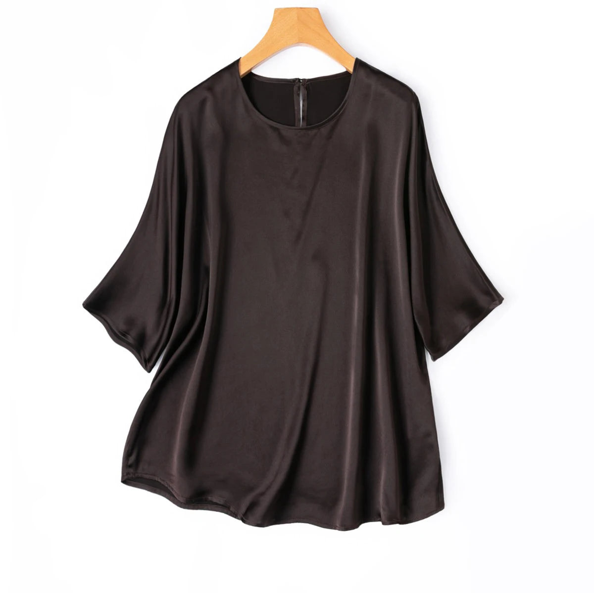 21MM 100% Natural Mulberry Silk Plain Satin Skin Friendly Round Neck Batwing Mid Sleeve Loose Simple Women's Casual T-shirt