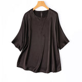 21MM 100% Natural Mulberry Silk Plain Satin Skin Friendly Round Neck Batwing Mid Sleeve Loose Simple Women's Casual T-shirt