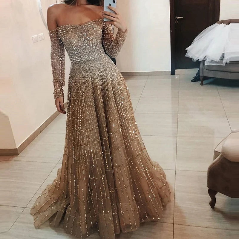 Women's Fashion Hight Waist Slim Long Dress Casual Long Sleeve Solid Party Dress Elegant Strapless Shiny Sequins Evening Dress