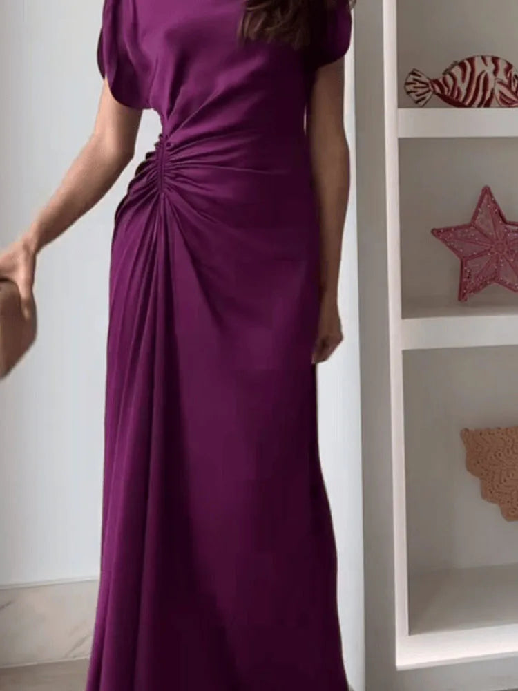 Casual O-neck Draped Gowns Dress Elegant Hight Waist Slim Fit Evening Dress Vestidos Women Fashion Temperament Solid Long Dress
