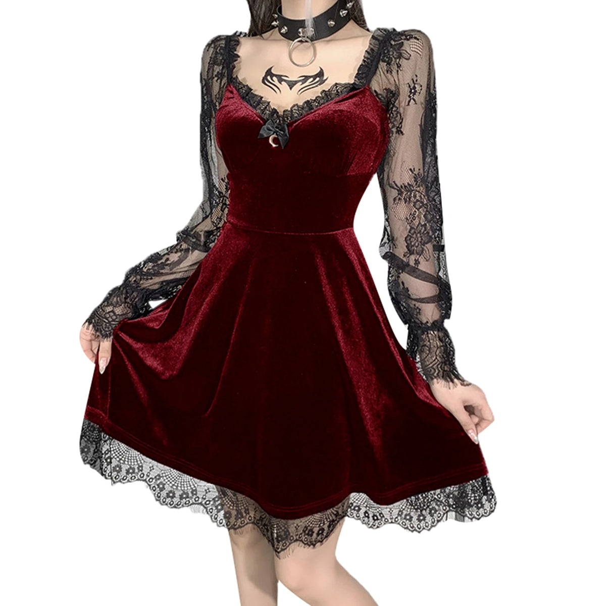 2024 New Fashion Women's Bandeau Long-sleeved Solid Color Dark Gothic Sexy Lace Stitched Dress
