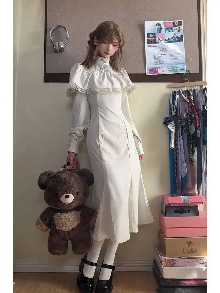 NiceMix Gothic Victorian Cape Lace High Neck Mermaid Dress New Long Dress Elegant Slim Dark Lolita Белое Готическое Платье