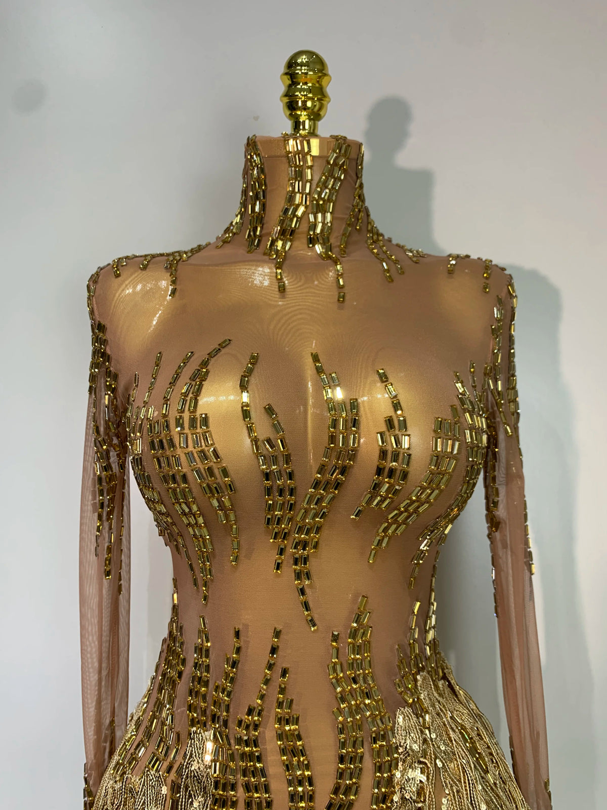 Sexy Stage Costume Sparkly Rhinestone Golden Tassel Mesh Dress Evening Party Luxury Birthday Nightclub Bar DJ Dancer Outfit