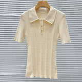 Twisted Knit Sweater T-shirt Women Summer Fashion Buttons Hollow Out Short Sleeve Top Office Lady Turn-Down Collar Knitwear Tee