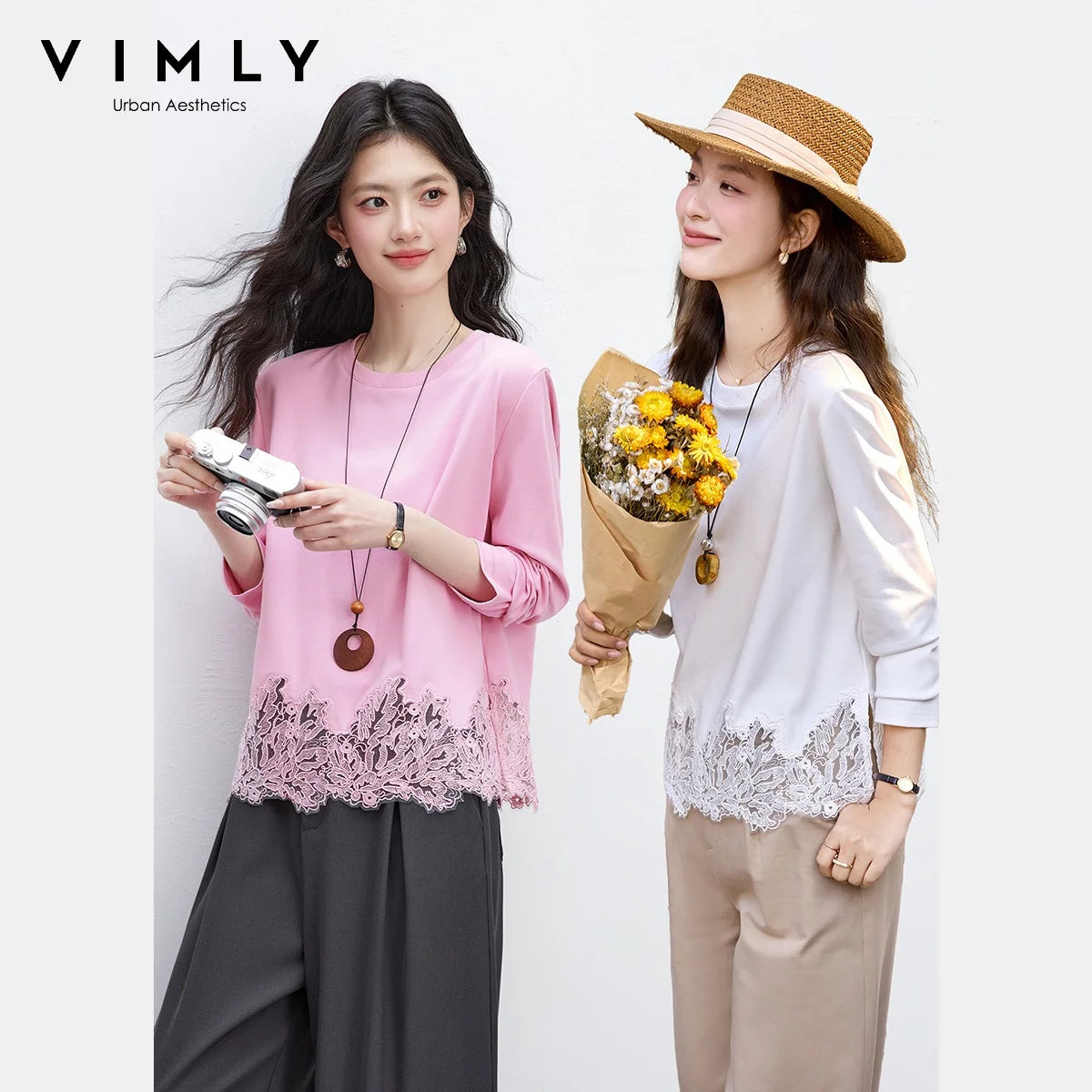 VIMLY Women‘s Casual T Shirts 2026 Spring New Fashion Round Neck Contrast Lace Trim Versatile Loose Fit Long Sleeve Top A3980