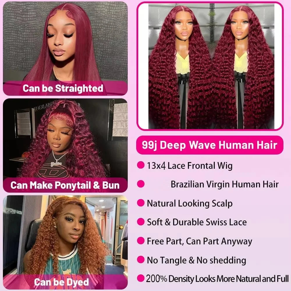30 Inch Burgundy 99j Deep Wave Frontal Wig Colored Curly Human Hair Wigs 250% Density 13x4 13x6 HD Lace Frontal Human Hair Wigs