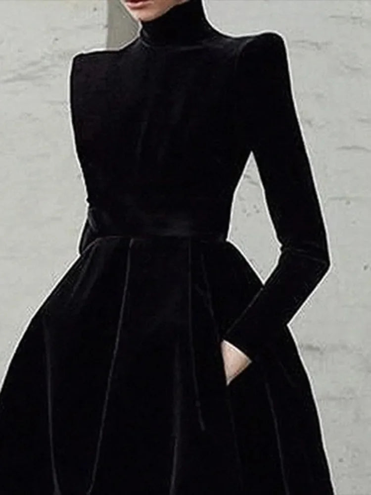 Gymystar Black Party Dress Women Elegant Luxury Prom Golden Velvet Dress New High Neck Vestidos Birthday Evening Luxurious Dress