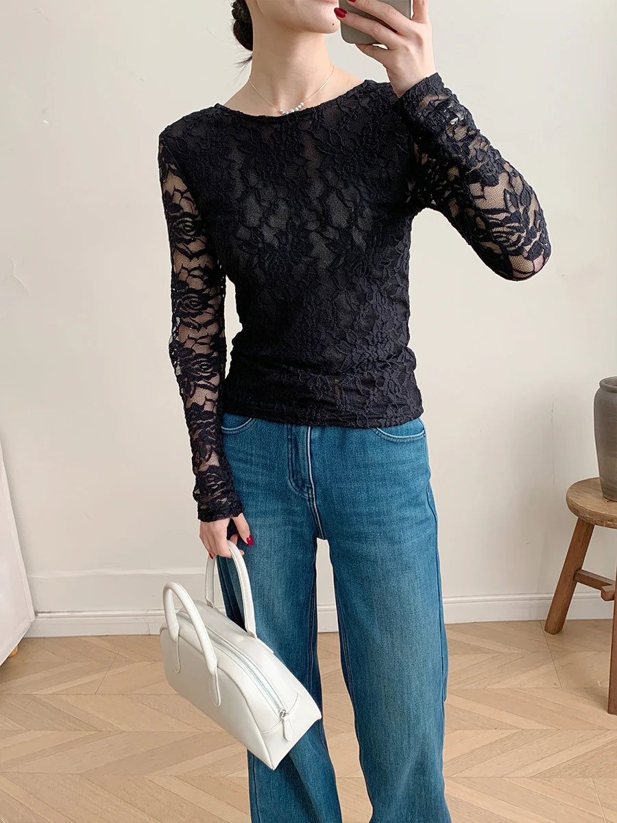 Hirsionsan 2026 Pure Desire Long Sleeved Lace T-shirt for Women in Spring, Slim Fit, Waist Cinching, and Bottom Layer Shirt
