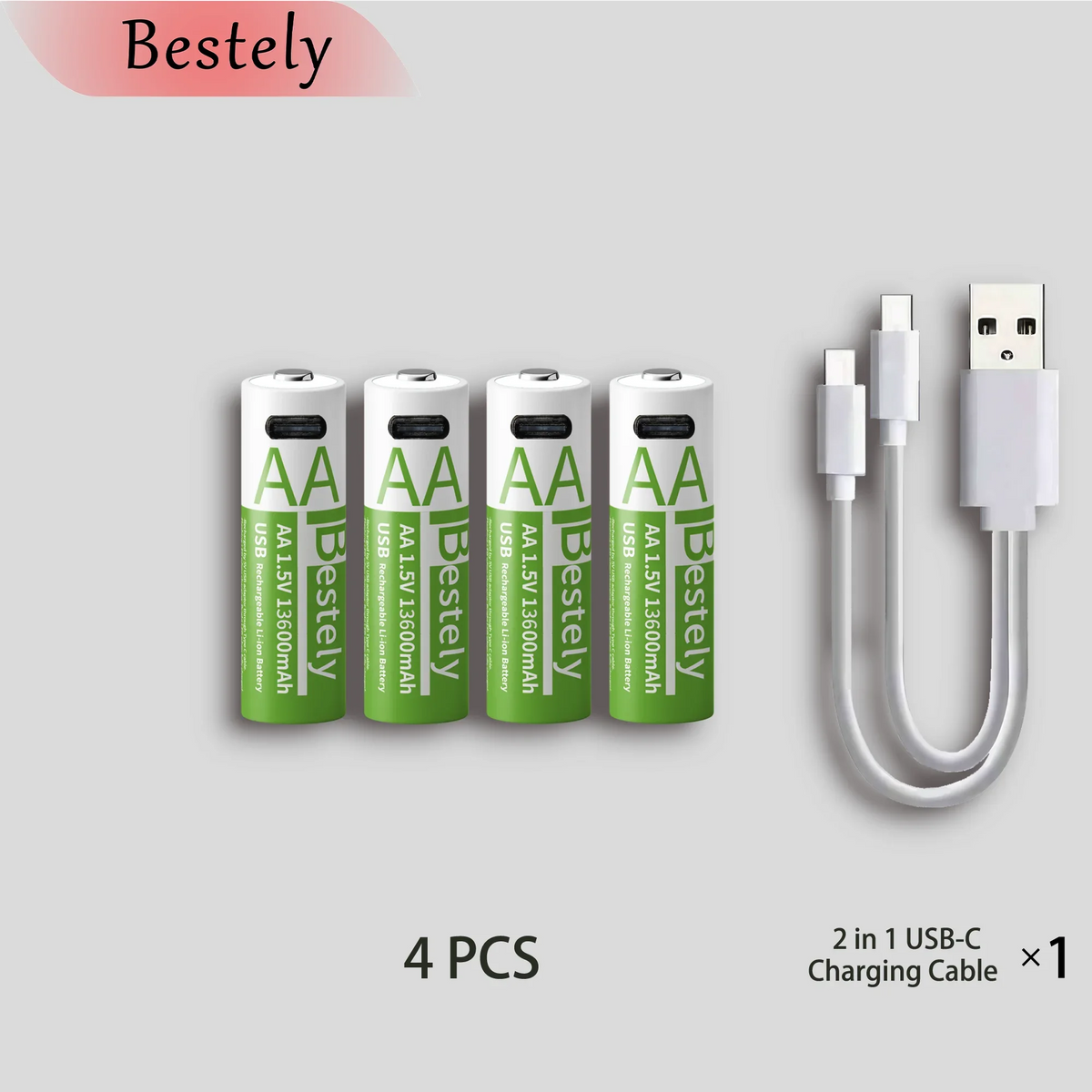 Bestely AA Rechargeable Lithium Battery 1.5V 13600mAh Fast Charging Long Lasting Li-ion Batteries 2000 Cycle with USB- C Cables