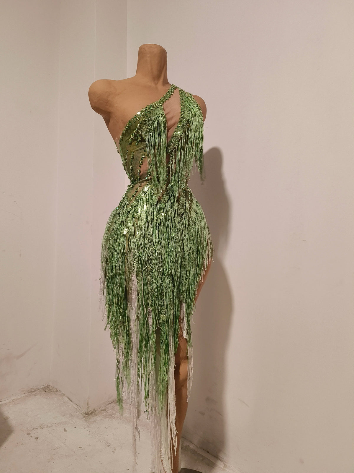 Women Sparkly Rhinestones Tassel Green One Shoulder Sexy See-Through Dress Latin Dance Outfits Bar Nightclub Party Stage Costume