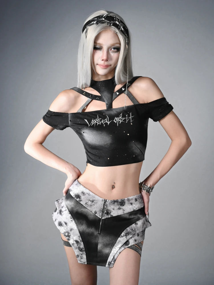 original design y3k future printing removable mesh silver sleeve two ways summer shirt halter neck black punk gothic tshirt Tee