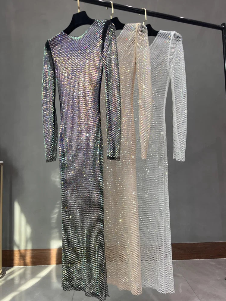 Club Apparel Sexy Rhinestone Dresses Long Sleeve Extra Diamond Dress