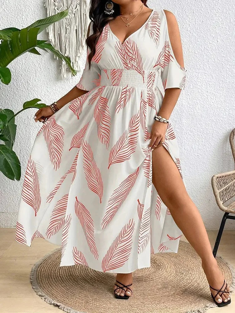GIBSIE Plus Size Cold Shoulder V-Neck Sexy Printed Dress Women Casual Vacation Beach Big Swing Split Long Dresses 2025 Summer
