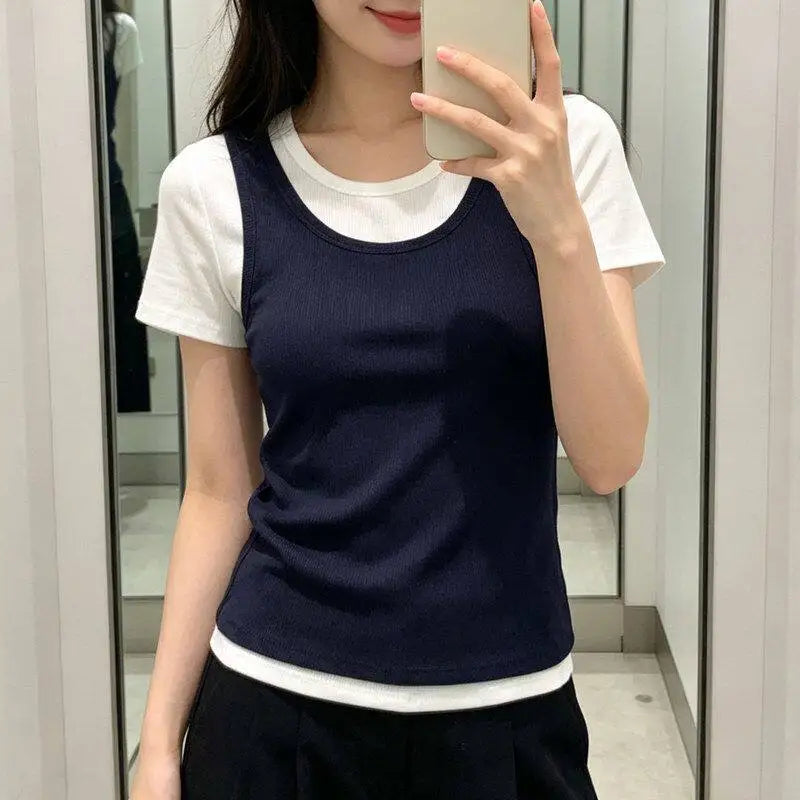 Summer Fake Two Piece t shirts for woman White Lining Splicing Color Casual Fashion Top Trend Camisole T-shirt y2k ropa