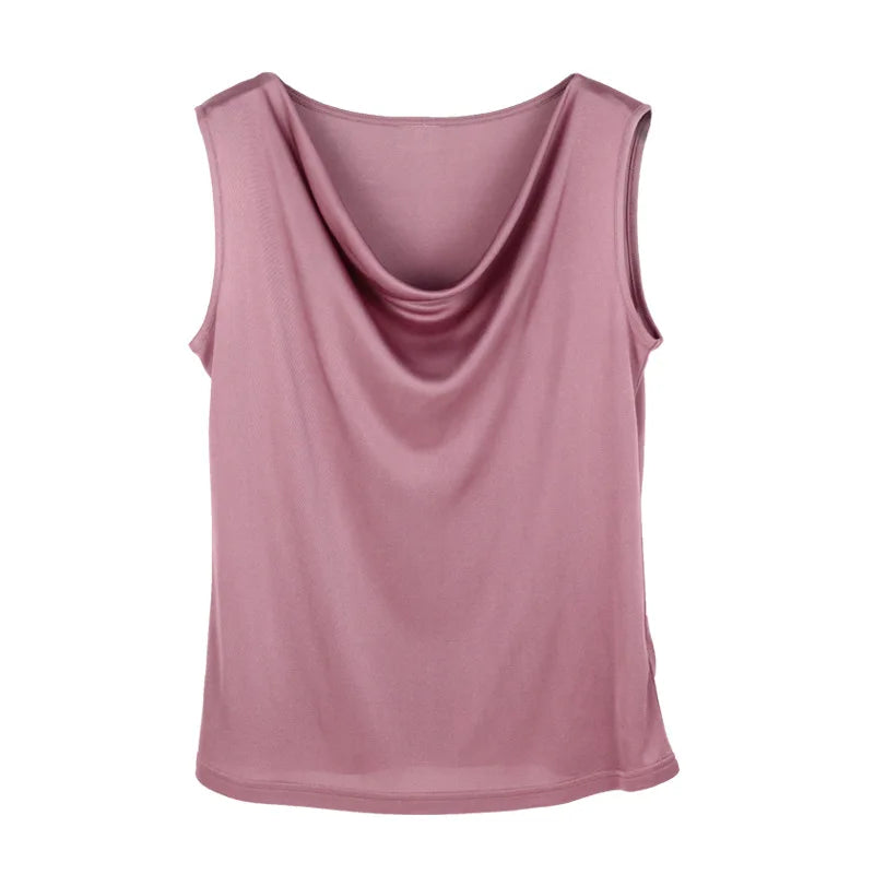 100% Silk Womens Silk T-shirt Comfortable Sleeveless Casual T-shirt Pure Silk T-shirt Cowl Collar T-Shirt