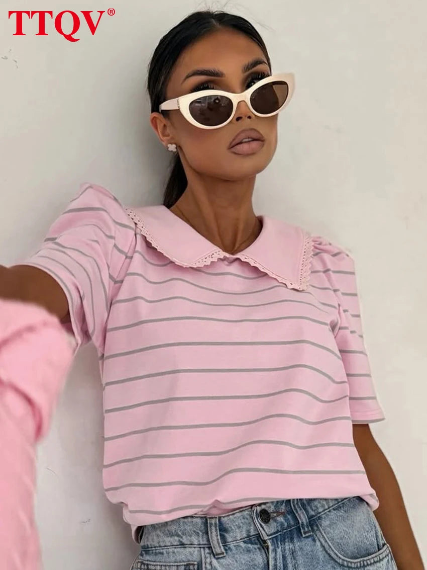 TTQV Summer Loose Stripe Print Women's T-Shirt 2026 Fashion Lapel Short Sleeve T Shirts Elegant Classic Top Female Clothing