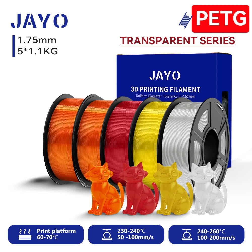 JAYO 3D PETG/PLA/PLA PLUS Filament 1.75mm PLA Filament 5 Rolls For Bambu FDM 3D Printer Neatly Wound 3D Printing Material for 3d