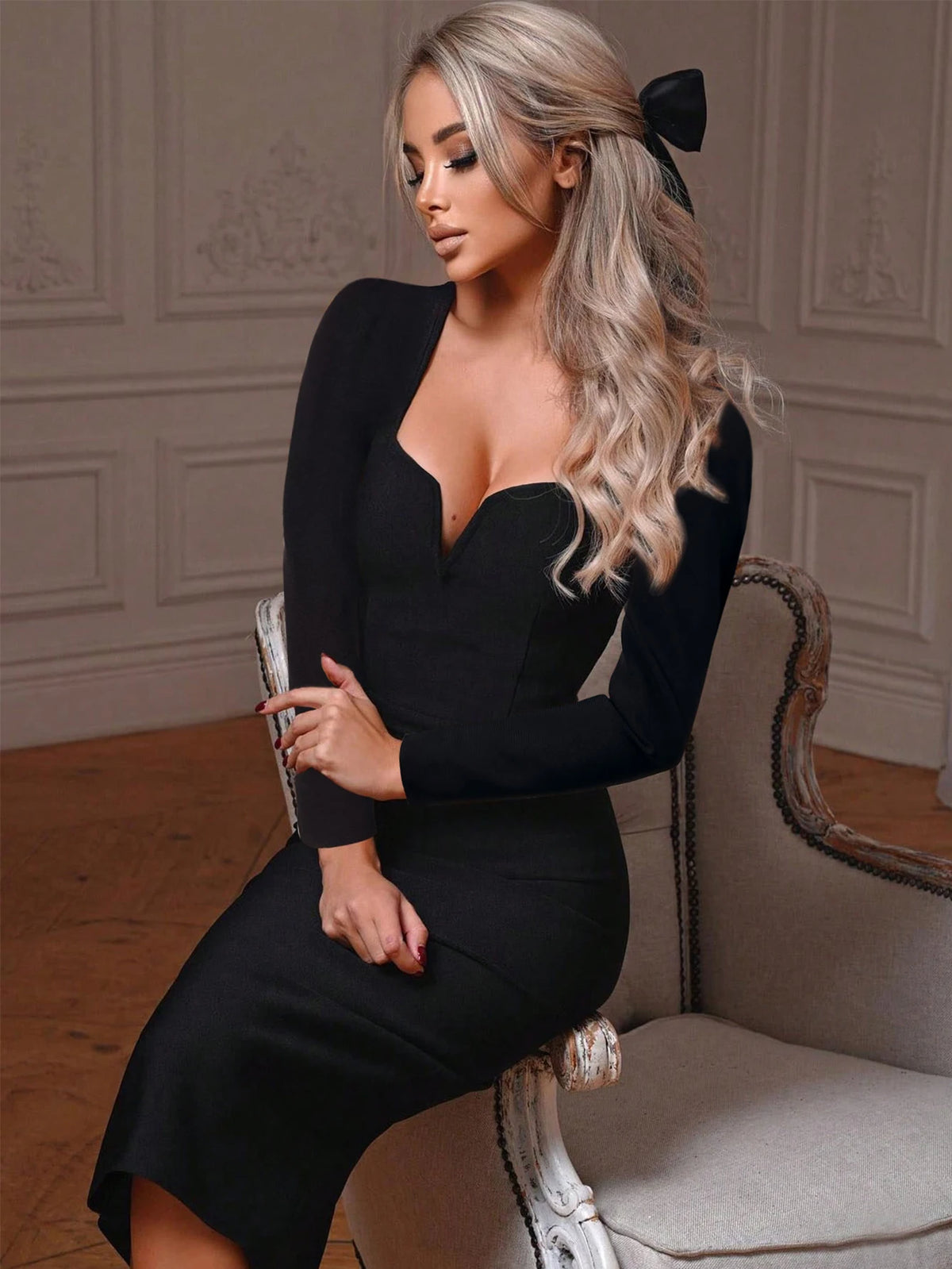 Women's Fantasy Long Sleeve V Neck Midi Bodycon Dress Summer Bandage Dress Black Elegant Wedding Evening Cocktail Party Dress Se