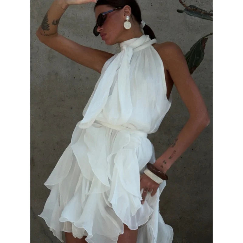 Sexy Cascading Ruffle Pleated Women's Mini Dress Fashion Lace Up Sleeveless Empire Female Dresses 2026 Spring Summer Lady