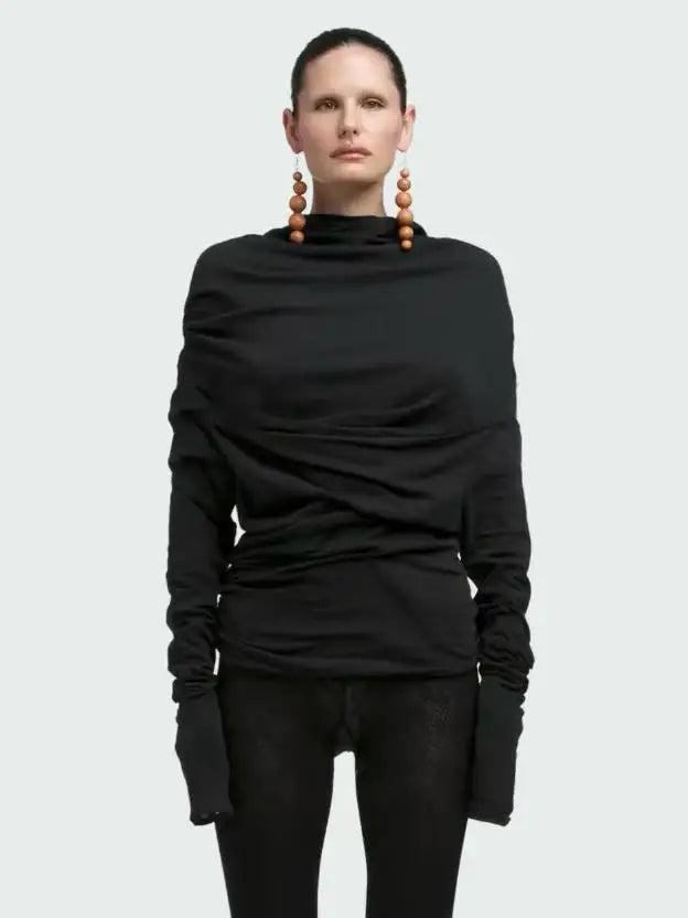 Street Style Oversized Cotton T-Shirt Three Colors Long Sleeve Knitted Shoulder Bared Layered Neck Design Polyester Blend