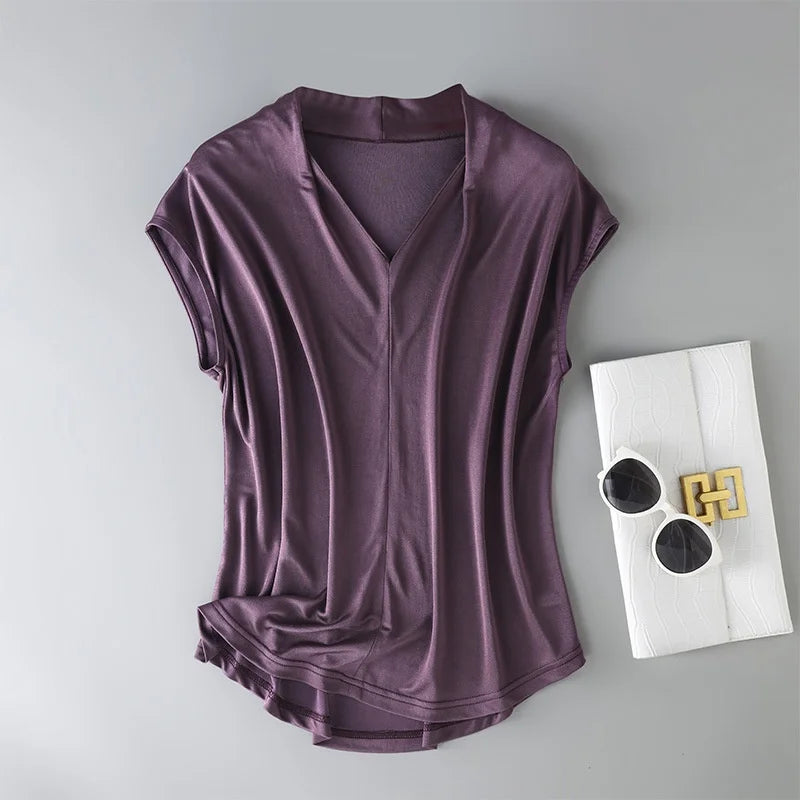 Birdtree, 23% Silk 77% Viscose Solid T Shirt, V-Neck Soft Basics Tops, Women's Sleeveless Casual Shirt, 2026 Spring New T62216JF