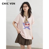 CHIC VEN Fashion Women T-Shirts Cool Sunscreen Printed Short Sleeve Tees Antibacterial Quick Drying Top for Girl Summer 2025