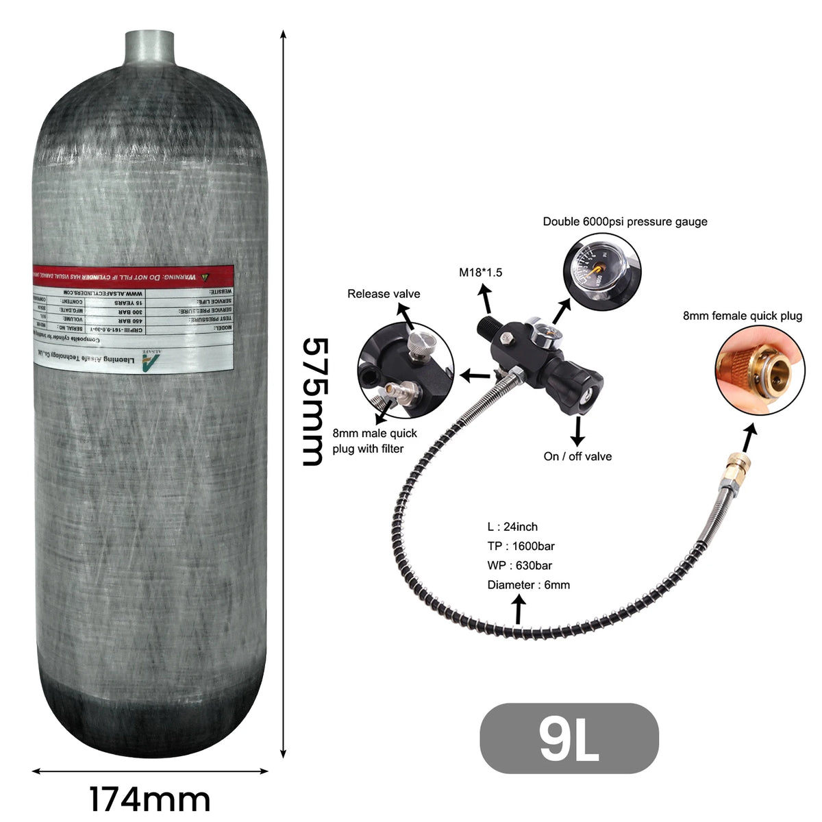 TUXING 4500Psi 300Bar 9L Carbon Fiber Cylinder High Pressure Diving Tank Filling Station Regulator Gauge Scuba Diving M18*1.5