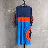 LANMREM Pleated Tie Flower Long Sleeve Women's Dress Chic New Loose Colorblock Patchwork Design Beading Famale Clothing 2DB6651