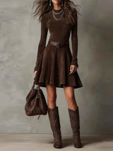 Vintage Half High Neck Long Sleeve Short Dress Women Fashion High Waist Pleasted Zipper Slim Dresses Female Autumn Chic Cloth