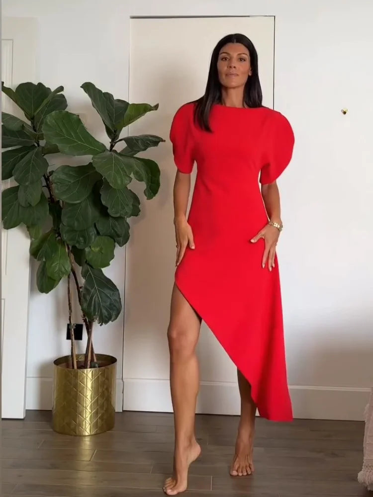 Asymmetric Hem Puff Sleeve Midi Dress Solid Boat Neck Slim Fit 2026 Summer Chic Elegant Party Women Evening Office Evening Gown