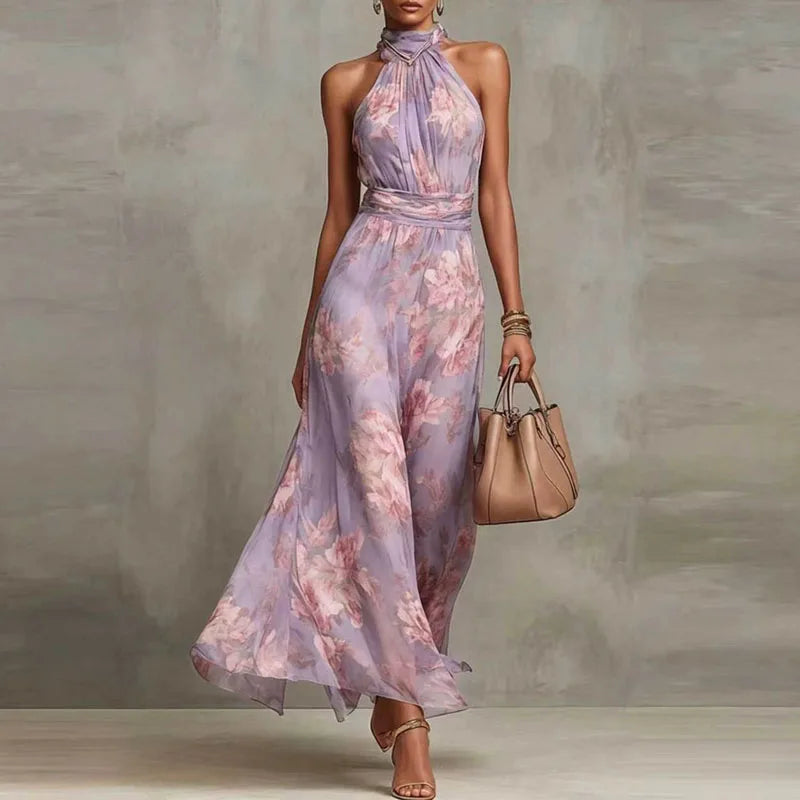 Elegant Halter Off Shoulder Hollow Party Dresses Woman Spring Floral Print Chiffon Long Dress Boho Sleeveless Summer Beach Dress