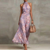 Elegant Halter Off Shoulder Hollow Party Dresses Woman Spring Floral Print Chiffon Long Dress Boho Sleeveless Summer Beach Dress