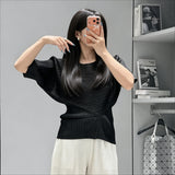 Pleated Top 2026 New Round Neck Short Sleeve Batwing T-Shirt Women Summer Lightweight Vacation Travel Women's Clothing