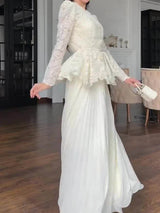 Elegant High Waist Ruffles Banquet Dress Fashion Long Sleeve Women's Party Dresses Sexy White Lace Embroidery Slim Evening Dress