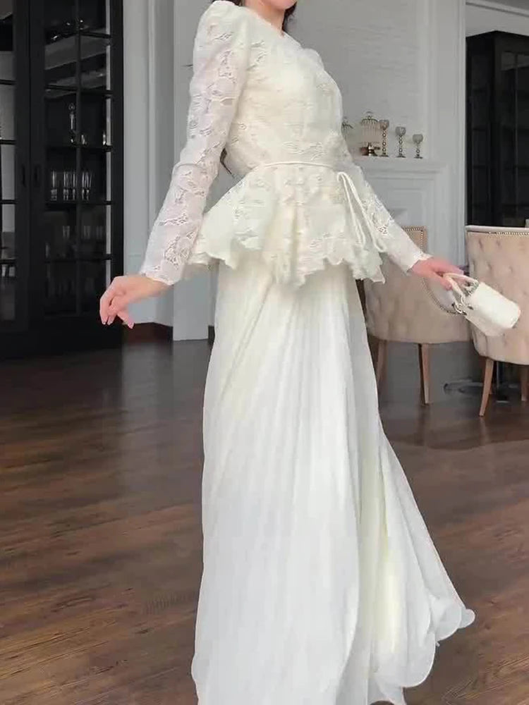 Elegant High Waist Ruffles Banquet Dress Fashion Long Sleeve Women's Party Dresses Sexy White Lace Embroidery Slim Evening Dress