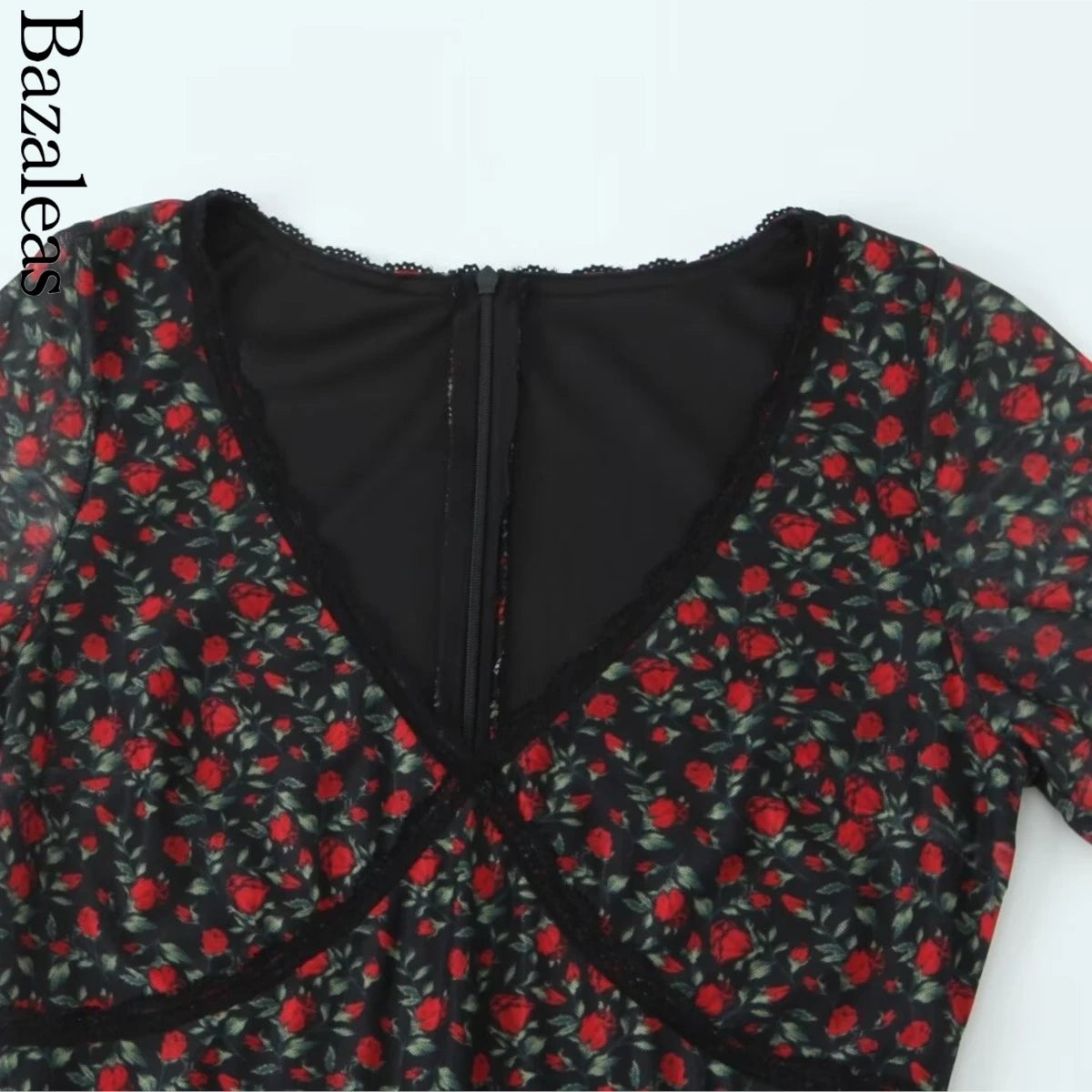 2025 Elegant lace Dress for summer V neckline Women short sleeve Party Dress midi rose Flora print holiday party dresses